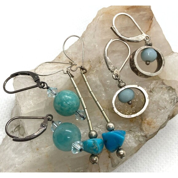 Vintage Lot of 3 Blue Beaded Dangle Earrings Sterling 925‎ Silver 8g Turquoise - Picture 1 of 8